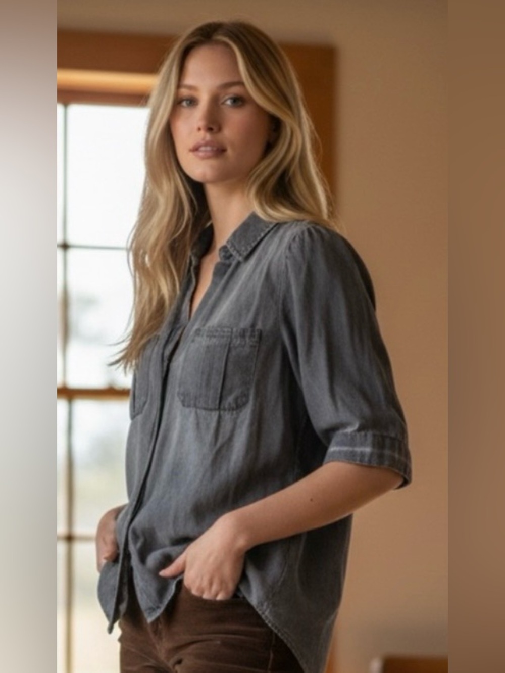 Democracy Wash Grey Denim Button-Up Shirt S M